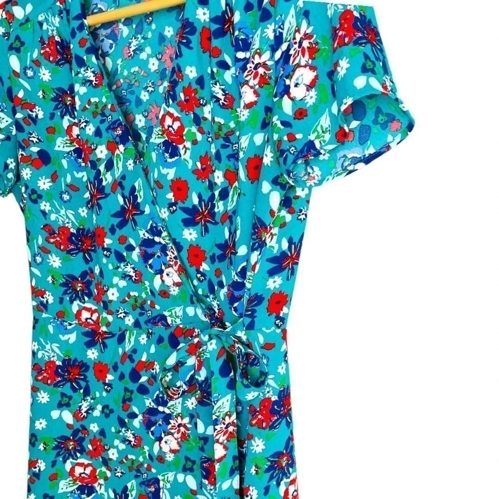 🍀J Crew Teal Floral Flutter Sleeve Wrap Dress Women’s Size 4